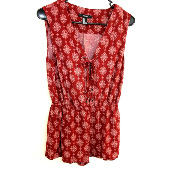 Forever 21 Maroon Short Romper Jumper Sz Medium Tie Front Cross String Closure - Picture 1 of 5